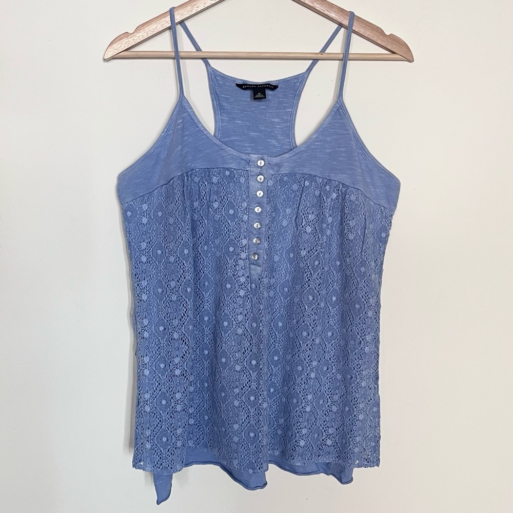 Banana Republic • M • Blue Slub Knit Lace Henley Scoop Neck Racerback Tank Top